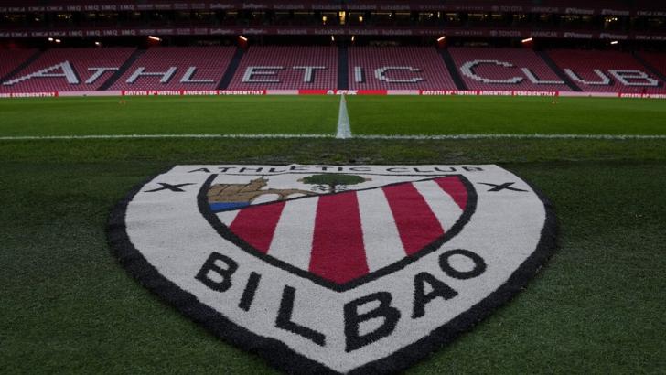 The Athletic Bilbao club badge on the pitch at Estadio San Mames